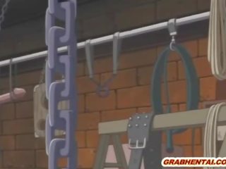 Chained anime brunette gets dildoed pussy and superior sucking stiff shaft